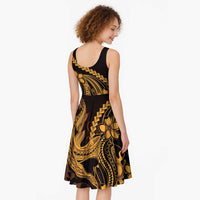 Gold Black Aloha Hawaii Midi Dress Polynesian Shark Tattoo With Plumeria - Polynesian Pride