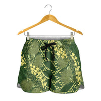 Green Aloha Hawaii Shorts for Women Hawaiian Kakau Ohia Lehua Lei - Polynesian Pride
