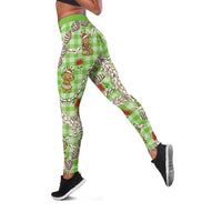 Green Palaka Hawaii Mele Kalikimaka Leggings - Ohia Lehua Shell Leis Funny Gingerbread Santa LT14 Green - Polynesian Pride