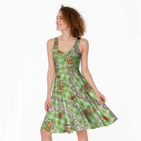 Green Palaka Hawaii Mele Kalikimaka Midi Dress Ohia Lehua Shell Leis Funny Gingerbread Santa LT14 - Polynesian Pride