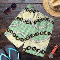 Green Palaka Hawaii Shorts for Men Kukui Nut Pikake Lei Hawaiian Tapa Pattern - Polynesian Pride