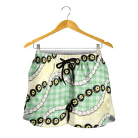 Green Palaka Hawaii Shorts for Women Kukui Nut Pikake Lei Hawaiian Tapa Pattern - Polynesian Pride