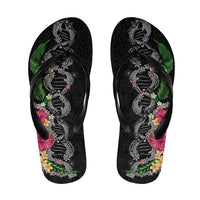 Hawaii DNA Kakau Tattoo Flip Flops with Plumeria and Hibiscus Tropical Plants Black Color