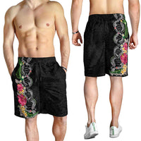 Hawaii DNA Kakau Tattoo Shorts for Men with Plumeria and Hibiscus Tropical Plants Black Color
