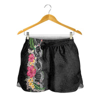 Hawaii DNA Kakau Tattoo Shorts for Women with Plumeria and Hibiscus Tropical Plants Black Color