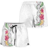Hawaii DNA Kakau Tattoo Shorts for Women with Plumeria and Hibiscus Tropical Plants White Color