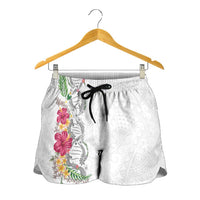 Hawaii DNA Kakau Tattoo Shorts for Women with Plumeria and Hibiscus Tropical Plants White Color