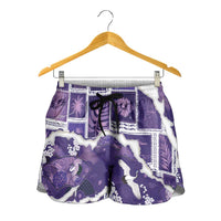 Hawaii Japanese Culture Purple Shorts for Women Spring Cranes Aloha Pattern