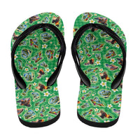 Hawaii Map with Plumeria Flower and Palaka Pattern Flip Flops Tropical Island Green Design LT03 - Polynesian Pride