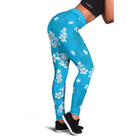 Hawaii Monstera Deliciosa Leggings Blue Plumeria Polynesian Pattern - Polynesian Pride