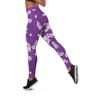 Hawaii Monstera Deliciosa Leggings Purple Plumeria Polynesian Pattern - Polynesian Pride