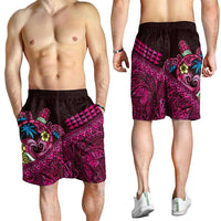 Hawaiian Abstract Sea Turtle Shorts for Men Polynesian Tapa Art and Kakau Tattoo Pink WaterColor LT03 - Polynesian Pride