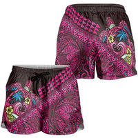 Hawaiian Abstract Sea Turtle Shorts for Women Polynesian Tapa Art and Kakau Tattoo Pink WaterColor - Polynesian Pride