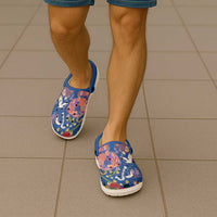 Hawaiian and Japanese Culture Together Clogs Shoes Kakau Tribal Pattern and Irezumi Art Blue Color