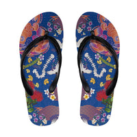 Hawaiian and Japanese Culture Together Flip Flops Kakau Tribal Pattern and Irezumi Art Blue Color