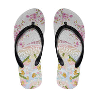 Hawaiian and Japanese Culture Together Flip Flops Tribal Motifs with Lei and Japanese Sakura Pattern