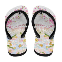 Hawaiian and Japanese Culture Together Flip Flops Tribal Motifs with Lei and Japanese Sakura Pattern
