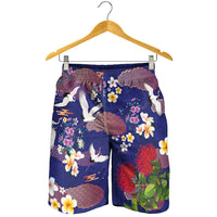 Hawaiian and Japanese Culture Together Shorts for Men Blue Ohia Lehua Plumeria and Sakura Blooming LT03 - Polynesian Pride