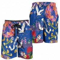 Hawaiian and Japanese Culture Together Shorts for Men Kakau Tribal Pattern and Irezumi Art Blue Color