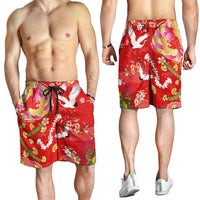 Hawaiian and Japanese Culture Together Shorts for Men Kakau Tribal Pattern and Irezumi Art Red Color