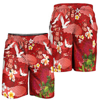 Hawaiian and Japanese Culture Together Shorts for Men Red Ohia Lehua Plumeria and Sakura Blooming - Polynesian Pride