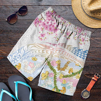 Hawaiian and Japanese Culture Together Shorts for Men Tribal Motifs with Lei and Japanese Sakura Pattern