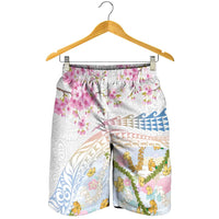 Hawaiian and Japanese Culture Together Shorts for Men Tribal Motifs with Lei and Japanese Sakura Pattern