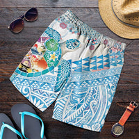 Hawaiian and Japanese Culture Together Shorts for Men Tropical Honu with Japanese Elements Blue Color