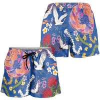 Hawaiian and Japanese Culture Together Shorts for Women Kakau Tribal Pattern and Irezumi Art Blue Color