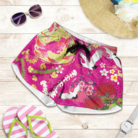 Hawaiian and Japanese Culture Together Shorts for Women Kakau Tribal Pattern and Irezumi Art Pink Color