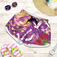 Hawaiian and Japanese Culture Together Shorts for Women Kakau Tribal Pattern and Irezumi Art Purple Color