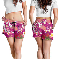 Hawaiian and Japanese Culture Together Shorts for Women Pink Ohia Lehua Plumeria and Sakura Blooming - Polynesian Pride