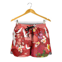 Hawaiian and Japanese Culture Together Shorts for Women Red Ohia Lehua Plumeria and Sakura Blooming - Polynesian Pride