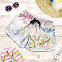 Hawaiian and Japanese Culture Together Shorts for Women Tribal Motifs with Lei and Japanese Sakura Pattern