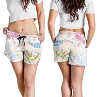 Hawaiian and Japanese Culture Together Shorts for Women Tribal Motifs with Lei and Japanese Sakura Pattern
