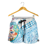 Hawaiian and Japanese Culture Together Shorts for Women Tropical Honu with Japanese Elements Blue Color