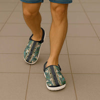 Hawaiian Art Flower Tribal with Lei Clogs Shoes Palaka Pattern Black Color - Polynesian Pride