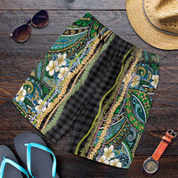 Hawaiian Art Flower Tribal with Lei Shorts for Men Palaka Pattern Black Color - Polynesian Pride