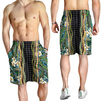 Hawaiian Art Flower Tribal with Lei Shorts for Men Palaka Pattern Black Color - Polynesian Pride