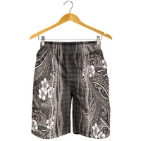 Hawaiian Art Flower Tribal with Lei Shorts for Men Palaka Pattern Grayscale - Polynesian Pride
