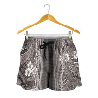 Hawaiian Art Flower Tribal with Lei Shorts for Women Palaka Pattern Grayscale - Polynesian Pride