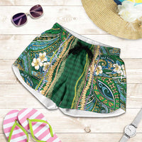 Hawaiian Art Flower Tribal with Lei Shorts for Women Palaka Pattern Green Color - Polynesian Pride