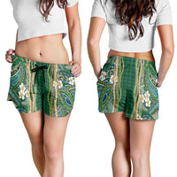 Hawaiian Art Flower Tribal with Lei Shorts for Women Palaka Pattern Green Color - Polynesian Pride