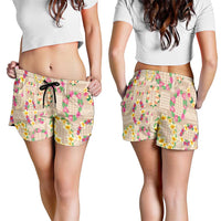Hawaiian Kakau Tattoo Leis and Palaka Pattern Shorts for Women Traditional Aloha Tribal Beige Color LT03 - Polynesian Pride