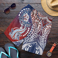 Hawaiian Manta Ray and Hammerhead Shark Tribal Tattoo Shorts for Men with Polynesian Tribal Pattern Hawaii Flag Color LT03 Multicolor - Polynesian Pride