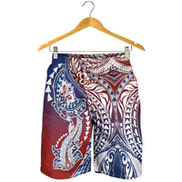 Hawaiian Manta Ray and Hammerhead Shark Tribal Tattoo Shorts for Men with Polynesian Tribal Pattern Hawaii Flag Color LT03 - Polynesian Pride