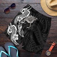 Hawaiian Manta Rays Shorts for Men Tribal Hibiscus Polynesian Tattoos Black Color - Polynesian Pride