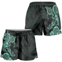 Hawaiian Manta Rays Shorts for Women Tribal Hibiscus Polynesian Tattoos Turquoise Color - Polynesian Pride