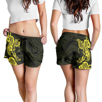 Hawaiian Manta Rays Shorts for Women Tribal Hibiscus Polynesian Tattoos Yellow Color - Polynesian Pride