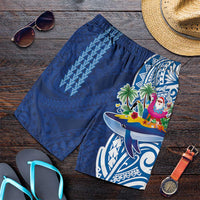 Hawaiian Mele Kalikimaka Shorts for Men Funny Santa on Whale Island with Kakau Tattoos LT03 Blue - Polynesian Pride